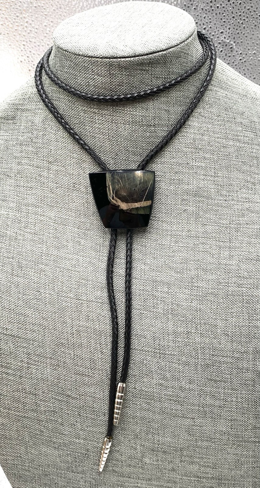 BOLO Black Lather/Faux Lathers? Glass/Stone? Pained Art Necklace Western