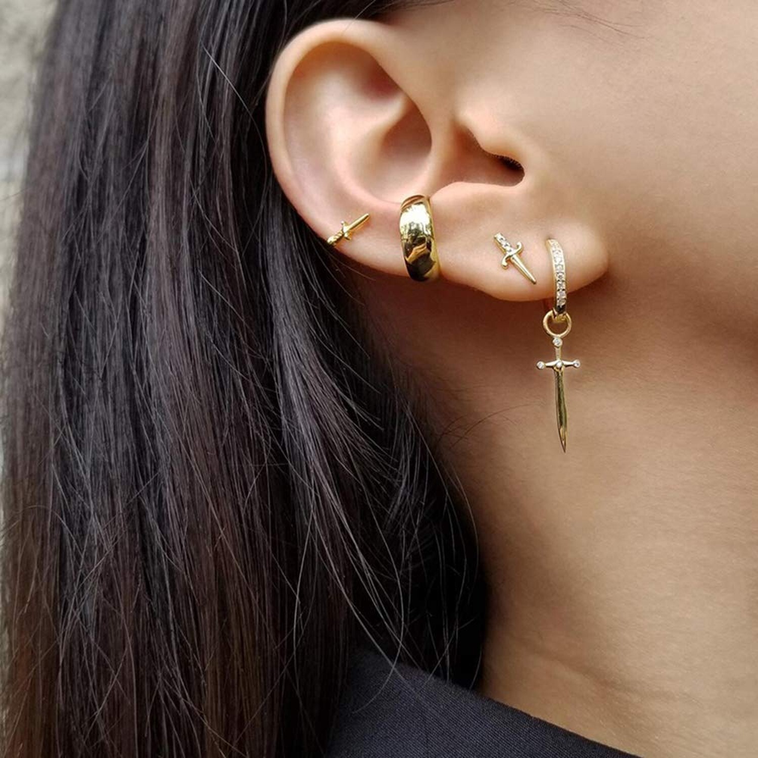 Dagger Hoop Cuff Earrings S925 Sterling Silver Cubic Zirconia Hypoallergenic …