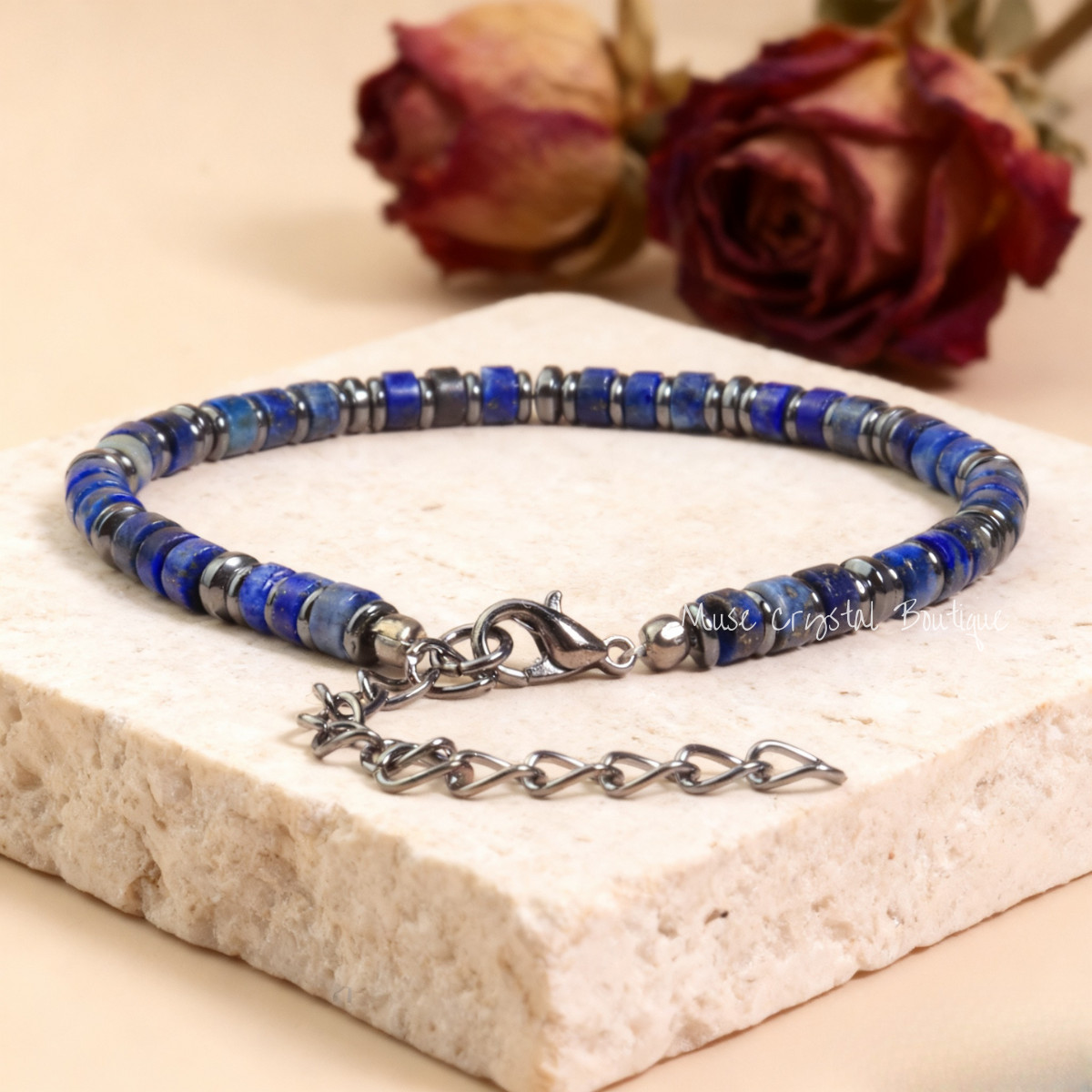 Men’s Lapis Lazuli Hematite Beads Healing Protection Adjustable Bracelet Gift