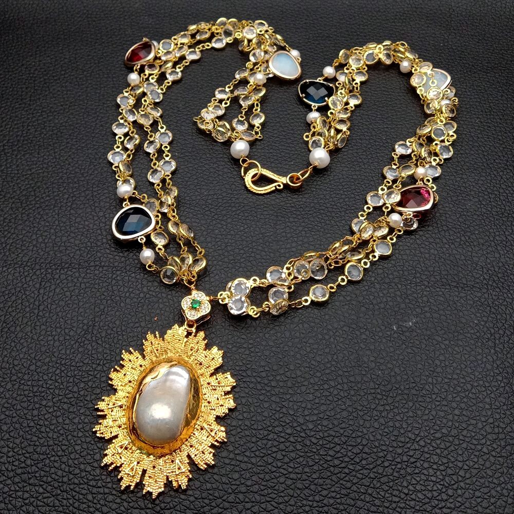 23” 4 Strands Crystal Chain Necklace Keshi Pearl Yellow Gold Plated Pendant