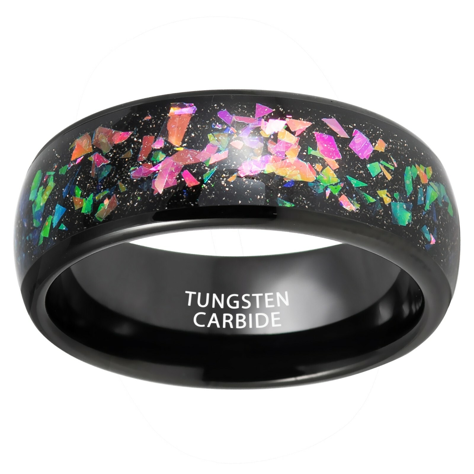 Black/RG Ion-plated w/ Synthetic Opal & Abalone Fragments Inlay Tungsten Ring
