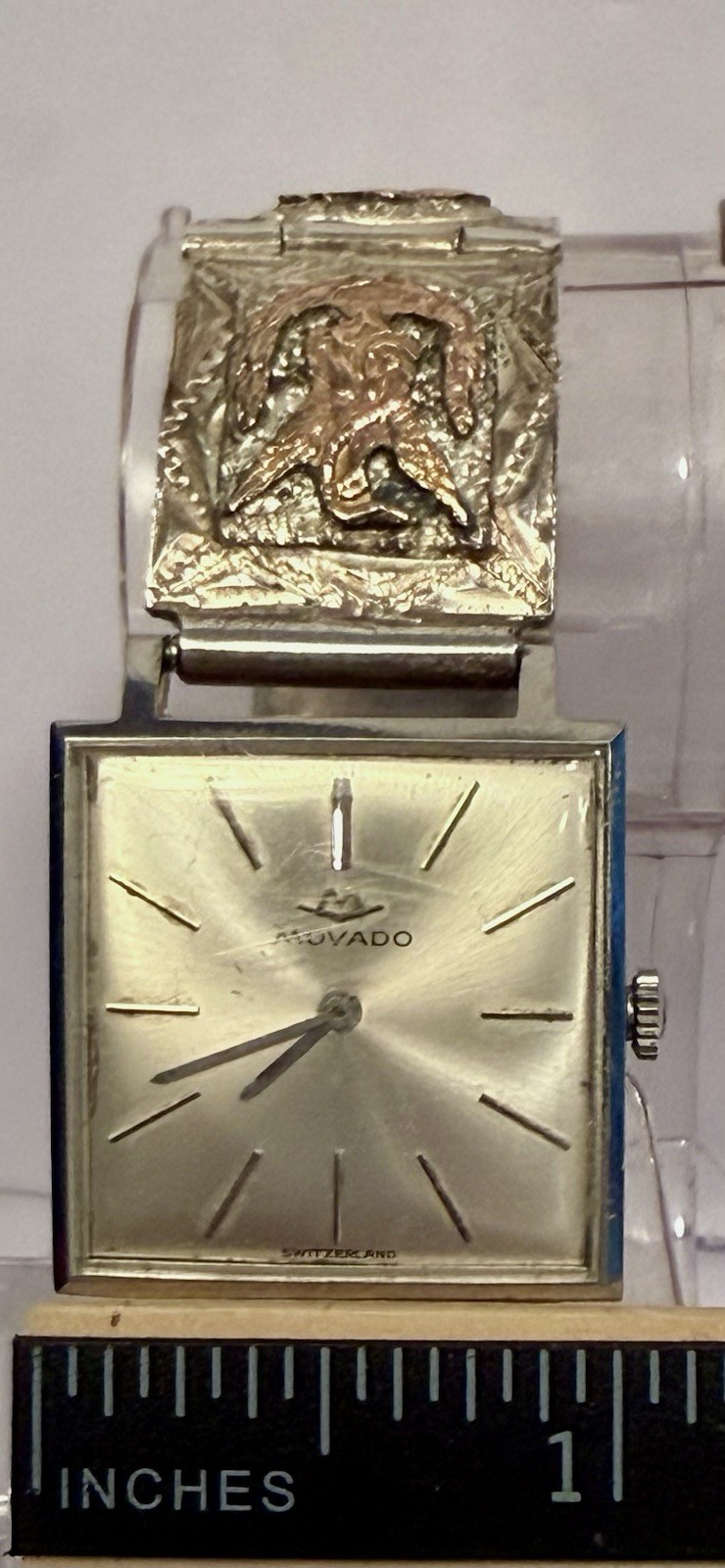 Vintage MOVADO 26mm Square| 925 Silver AZTEC & MAYAN Symbols 7.0″ Bracelet Watch