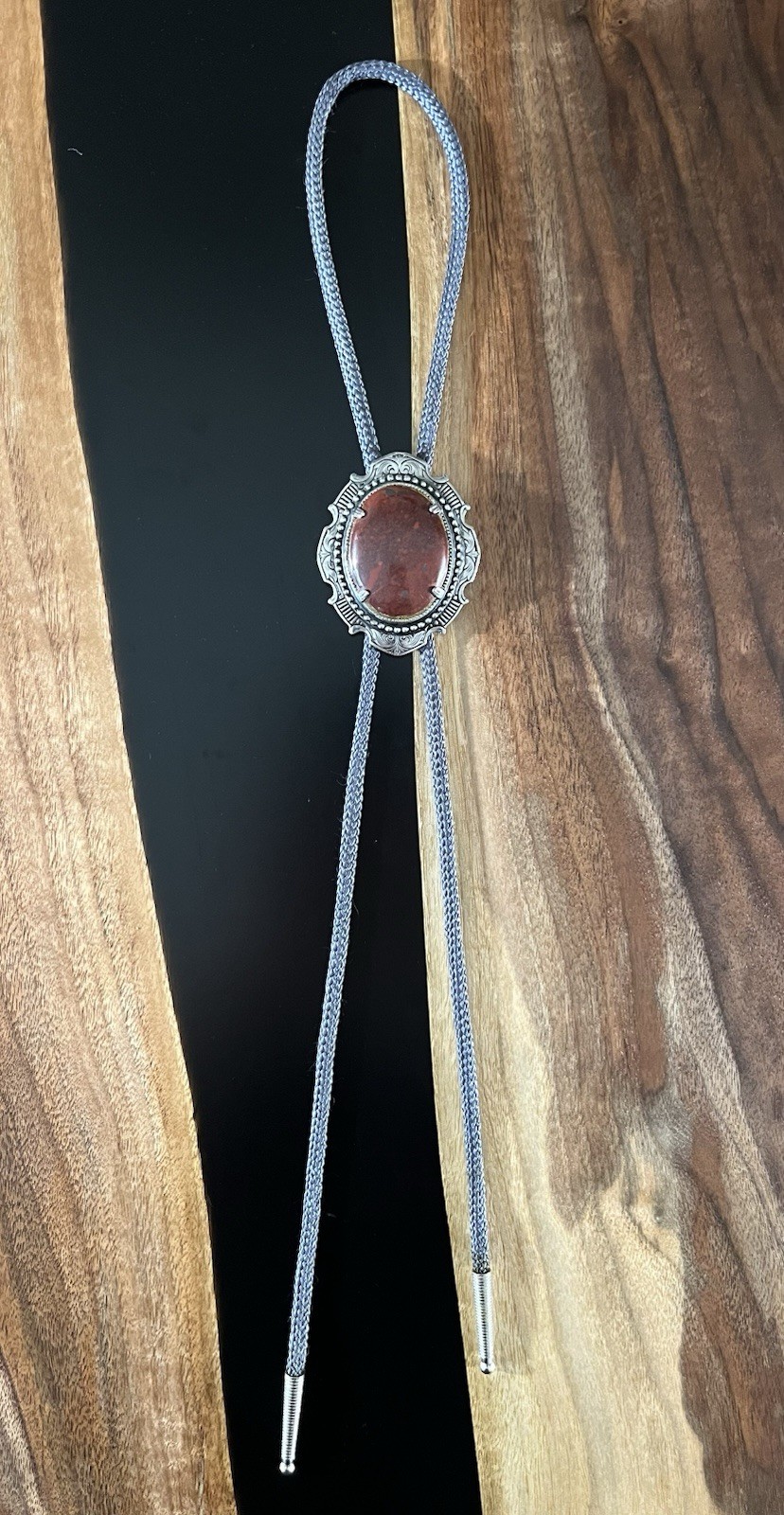 Vintage Genuine Red Jasper Western Bolo Tie/ Blue Grey Cord/ Silver Metal