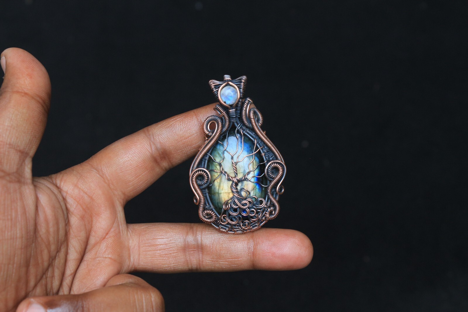 Yellow Fire Labradorite Copper Wire Wrap Tree Of Life Pendant Jewelry Gift NK547
