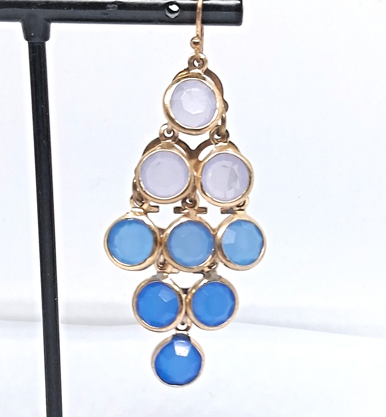 Gold Tone with Blue Taper 2 Inch Chandelier Drop Hook Earrings