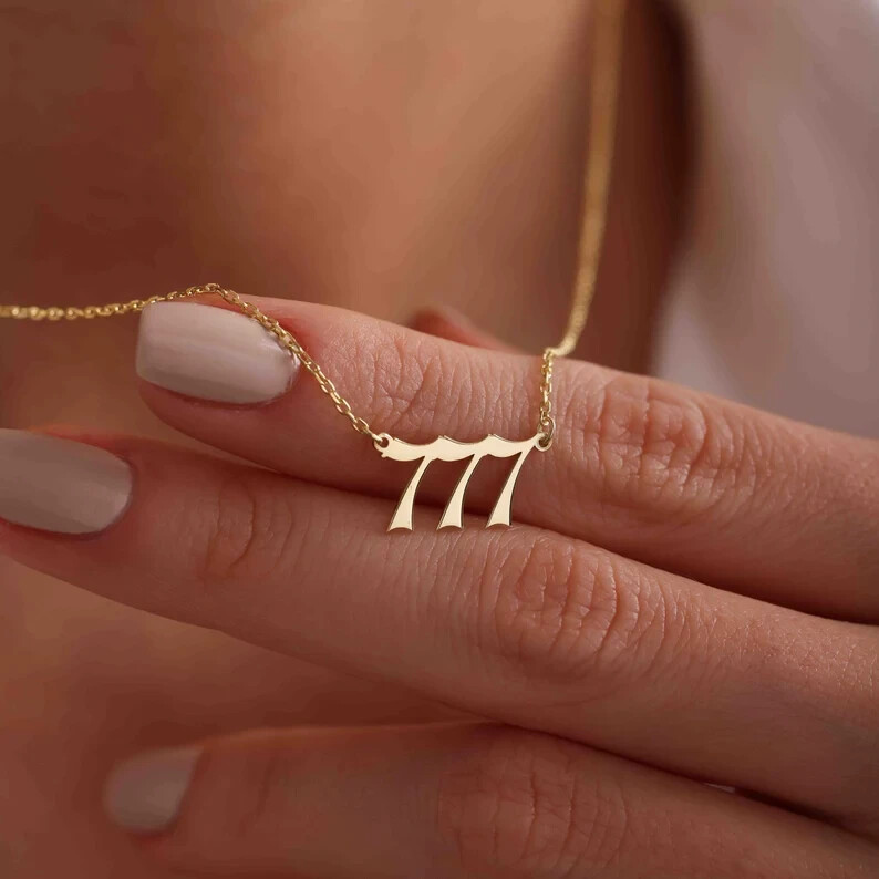 777 Angel Number Pendant Lucky Necklace Gift for Her 14k Yellow Gold Finish