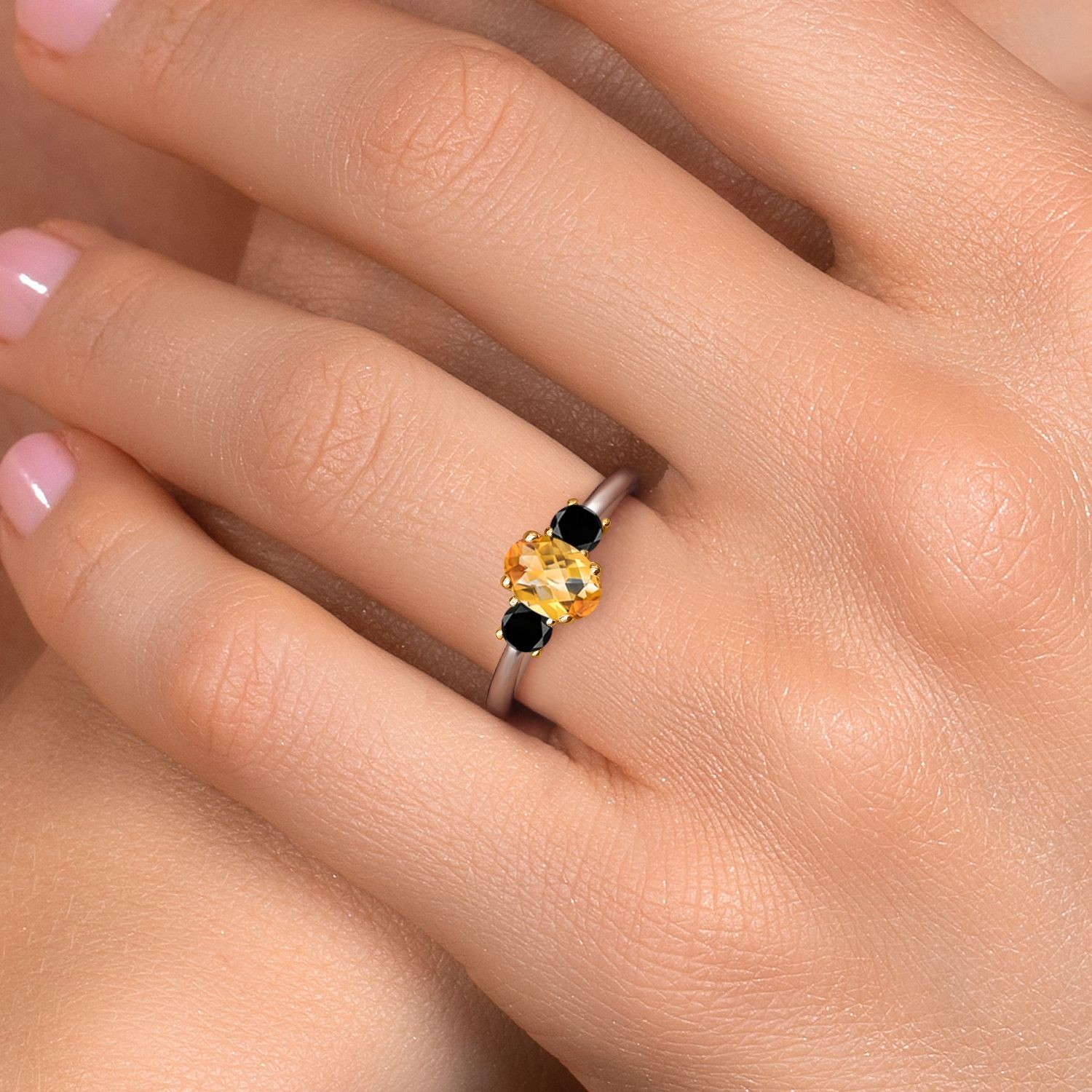 925 Silver and 10K Yellow Gold Citrine and Black Diamond Engagement Ring For