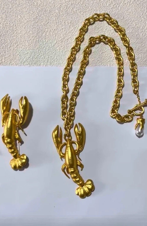 Gold Color Plated Brass Lobster Pendant Necklace Chunky Statement Vintage Style