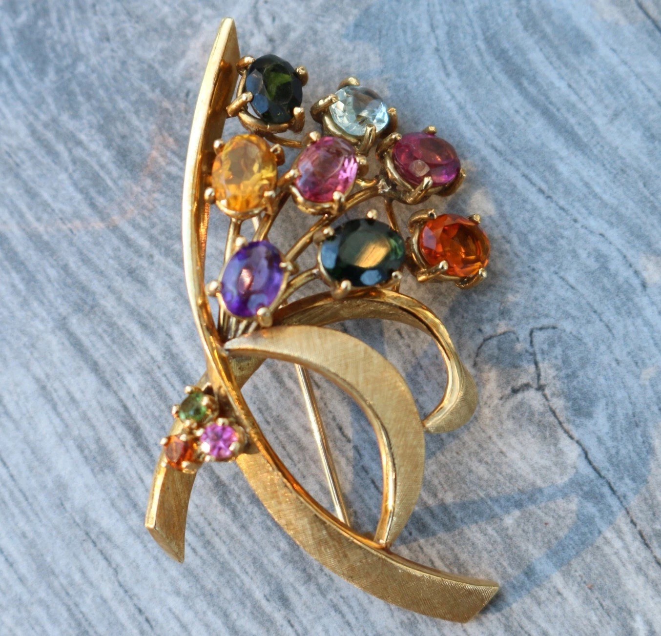 Gorgeous Vintage 18kt 750 Yellow Gold Amethyst, Citrine Bundle Pin Brooch 13.0 G