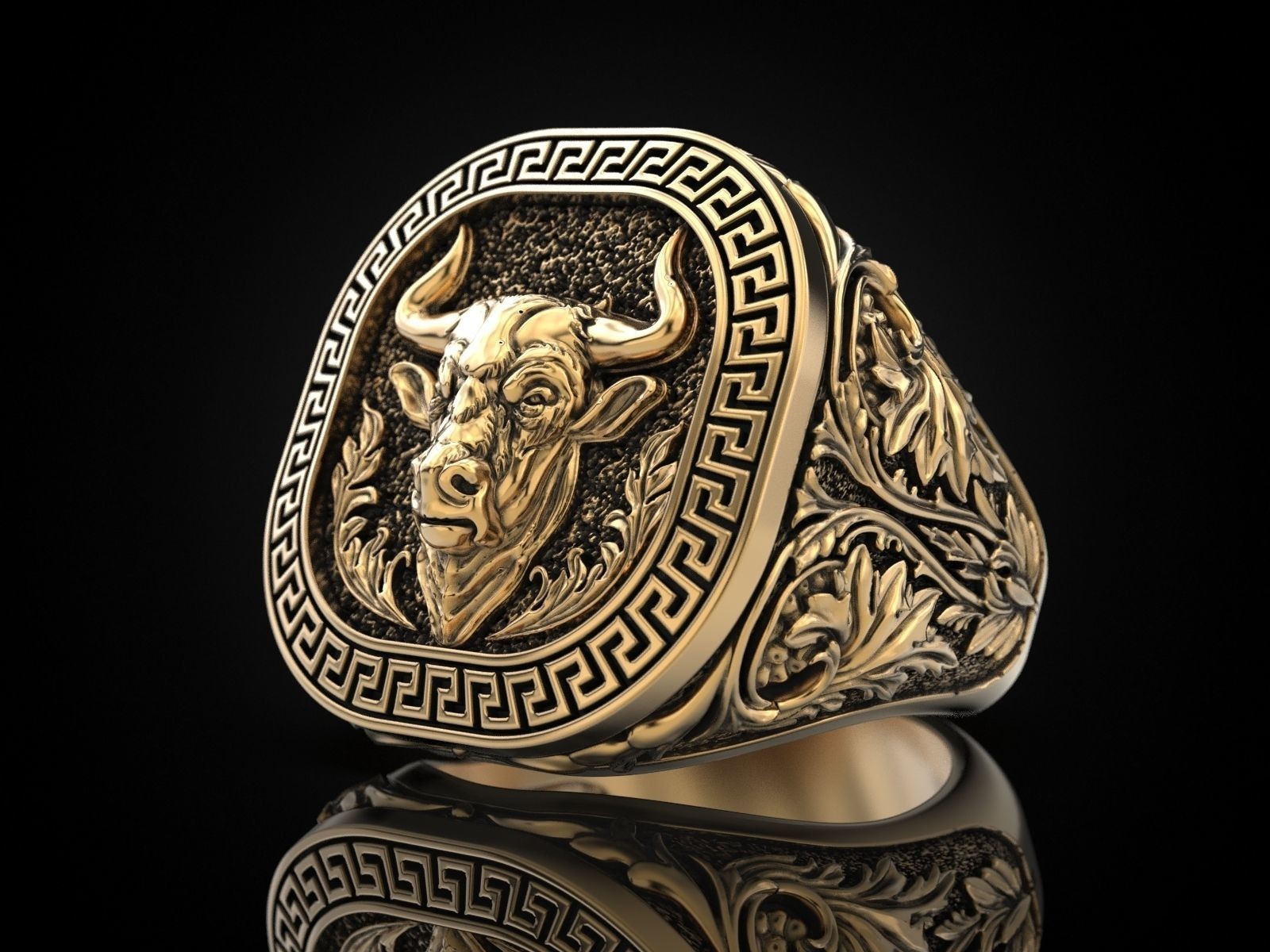 Oxidized Men’s Greek Ornament Pattern Bull 925 Sterling Silver Statement Rings