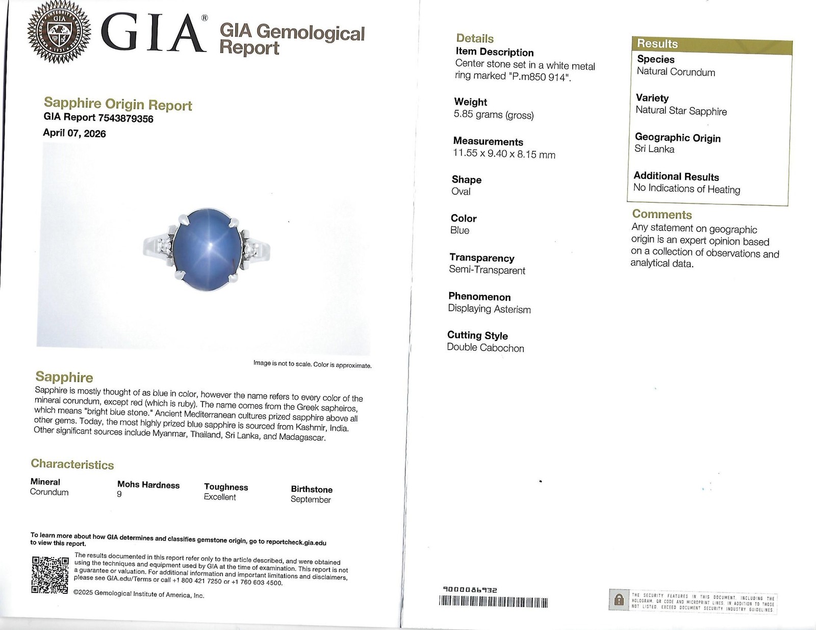9.14ct GIA Ceylon No Heat Star Sapphire & 0.02ct Diamond Platinum Ring, Size 5.5