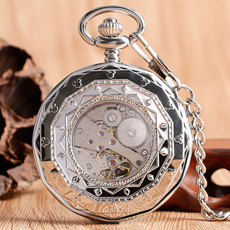 Silver Hand Winding Pocket Watch with Chain Open Face Railway Engine Mechanical