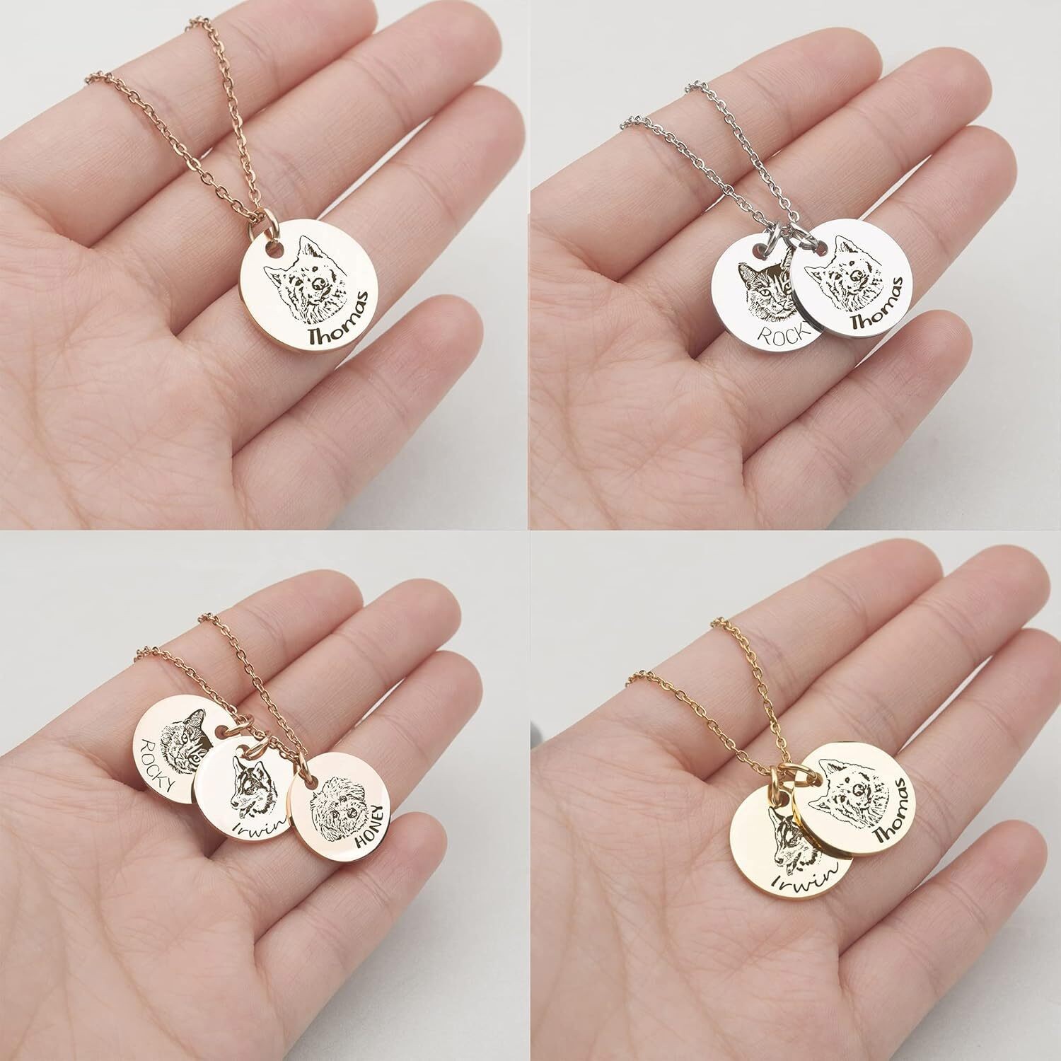 Personalized Pet Portrait Necklace ,Dog Cat Round Disc Photo Engraved Necklace