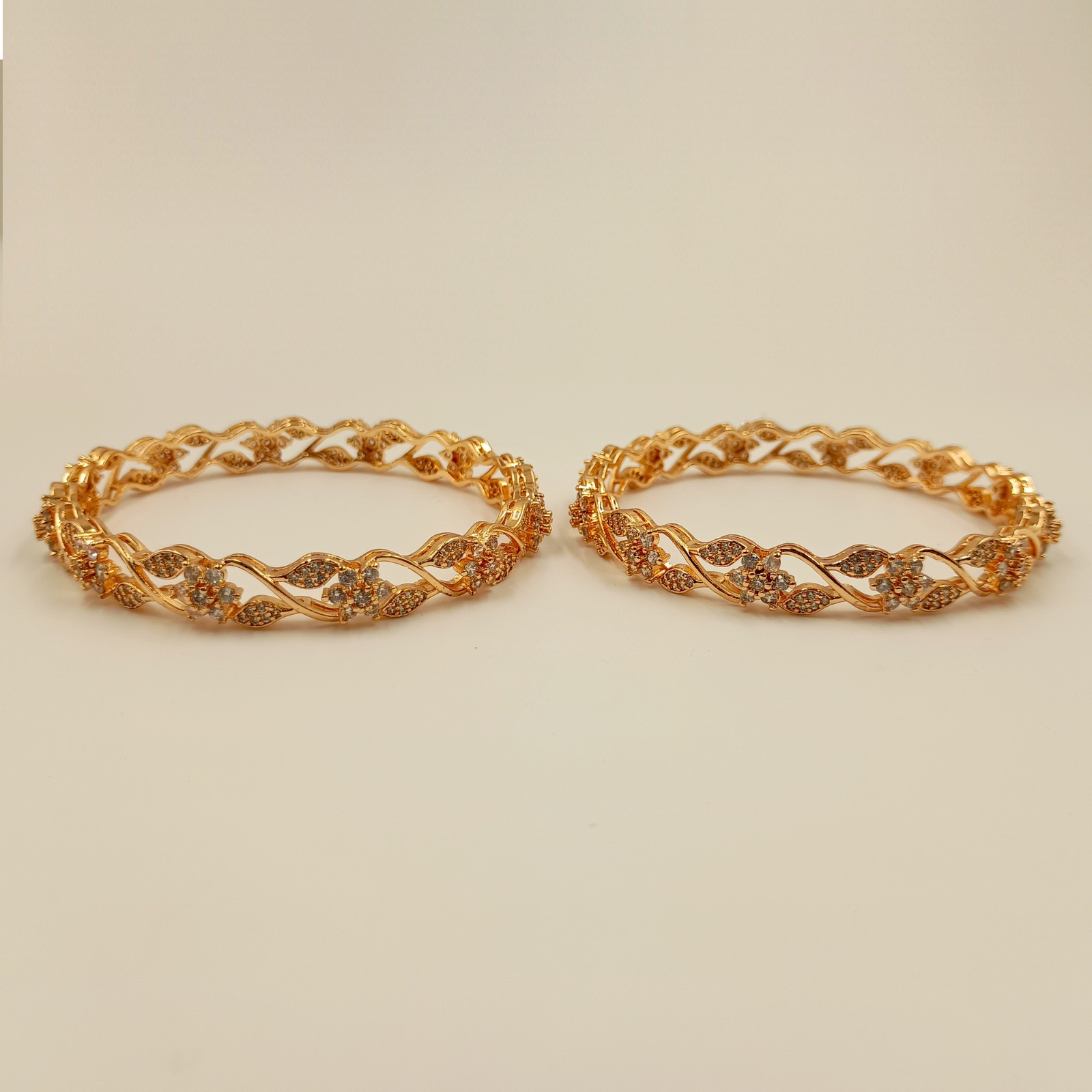 Cubic Zirconia 22k Rose Gold Plated Bangle, CZ American Diamond Bracelet 2 Pcs K
