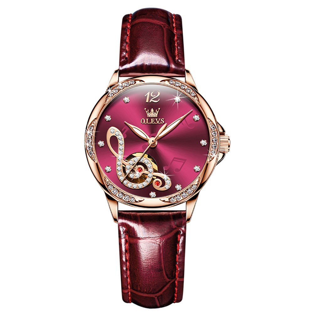 OLEVS 6656 Leather Ceramic Gear Superior Women Dress Mechanical Automatic Watch