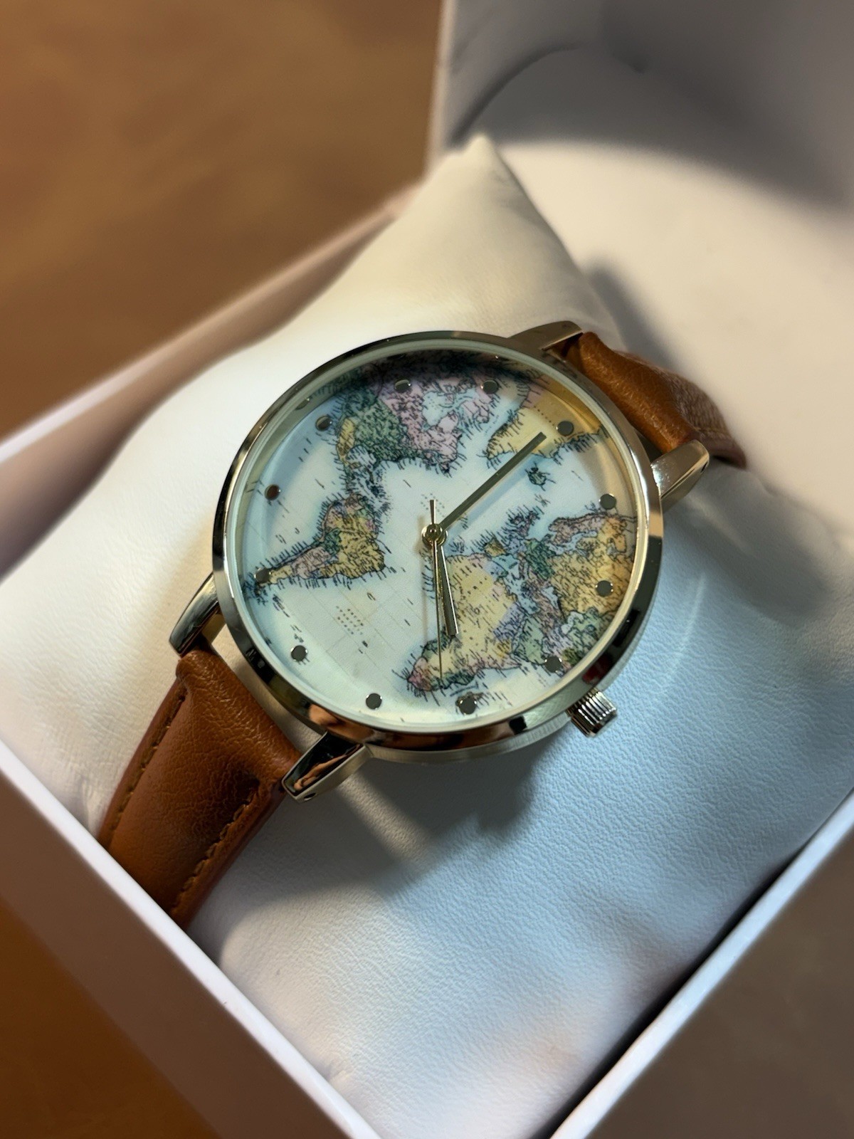 World Map Francescas Women’s Quartz Watch Gold Tone Ladies Leather Band,Box