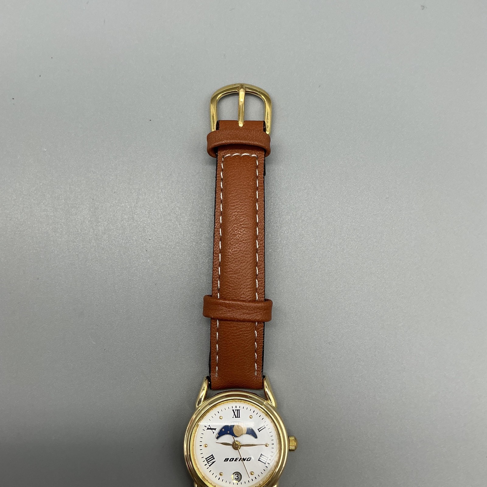 Boeing Womens Watch 25mm Day Night Moon Phase Gold Tone Leather Date New Battery