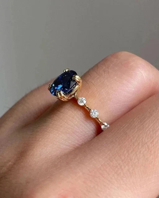 2CT Oval Cut Simulated Blue Sapphire Engagement Ring 14K Yellow Gold Plated