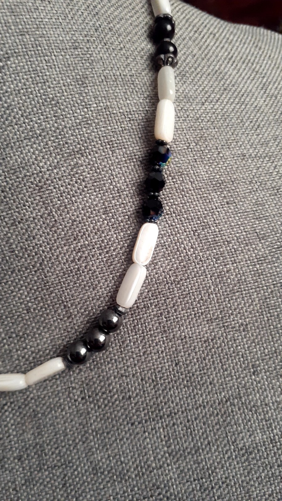 Mother of Pearl Hematite Clear & Black Stone Necklace. 18″