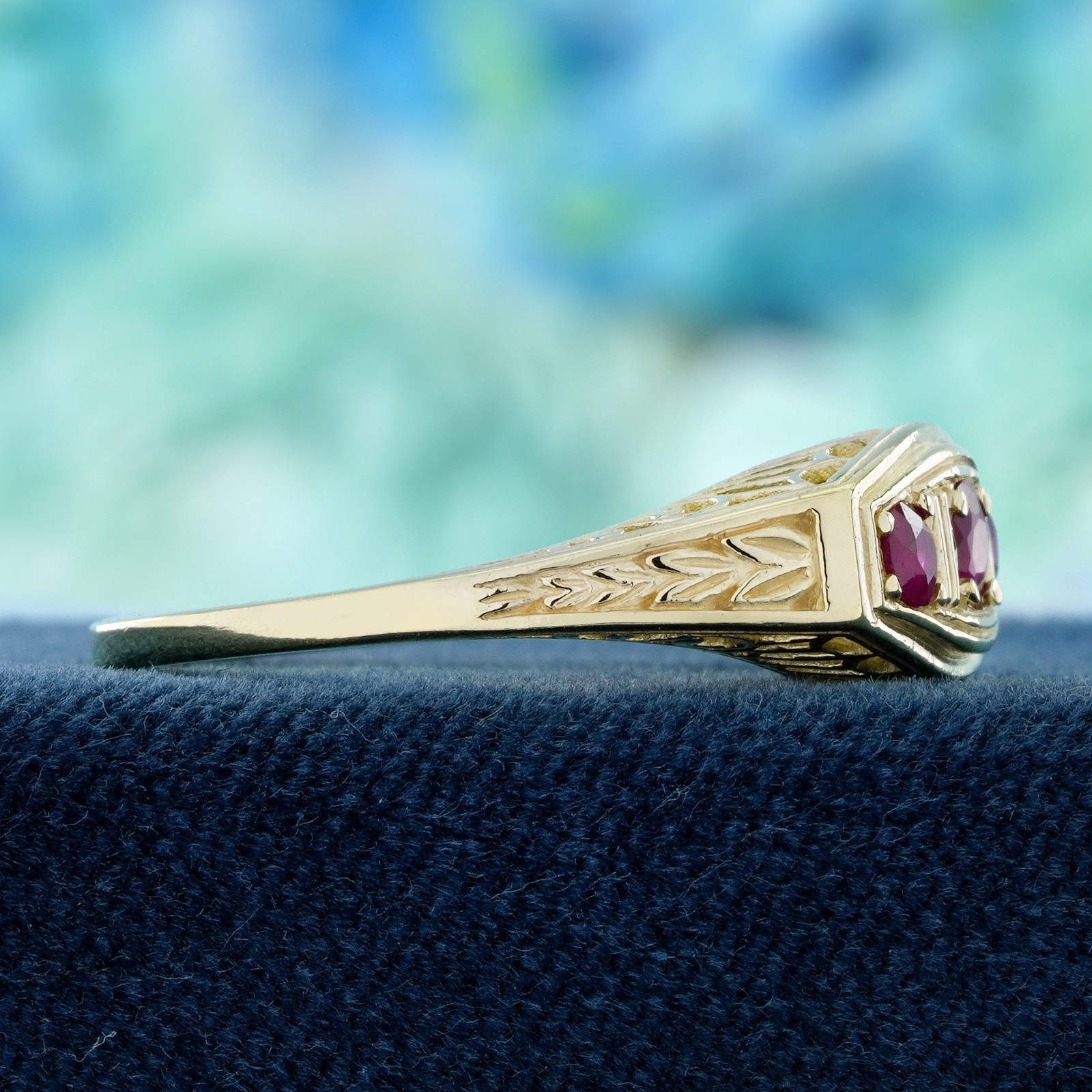 14K Yellow Gold Solid Natural Ruby Vintage Style Three Stone Filigree Ring