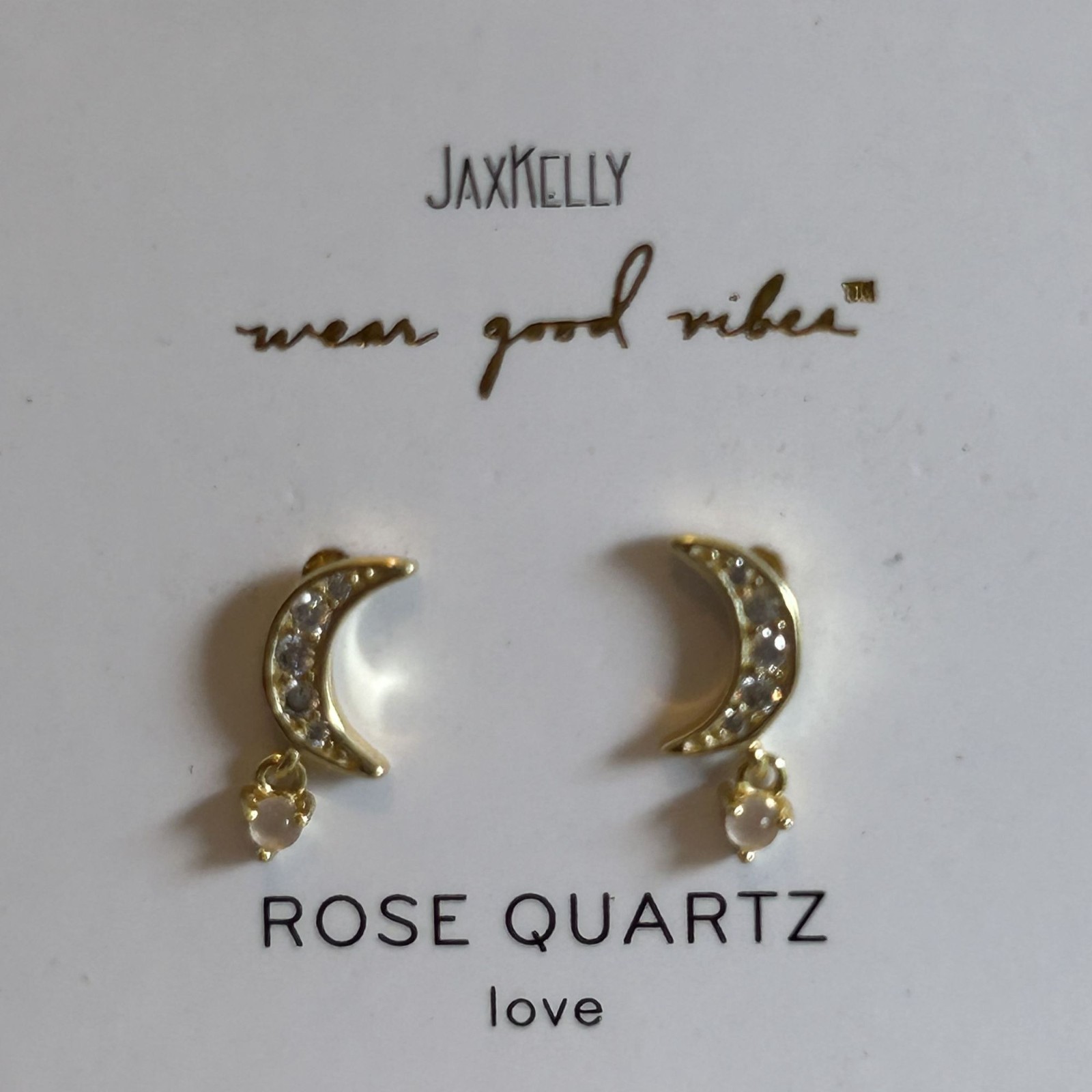NEW Jax Kelly Rose Quartz Gold Crescent Moon Gemstone Drop Earrings Love CZ