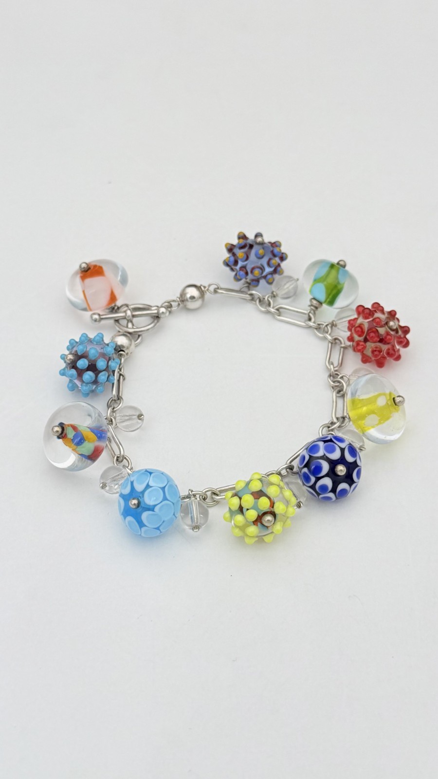 Sterling Silver Lampwork Glass Charm Bracelet 7.5” 35.4g Murano Style