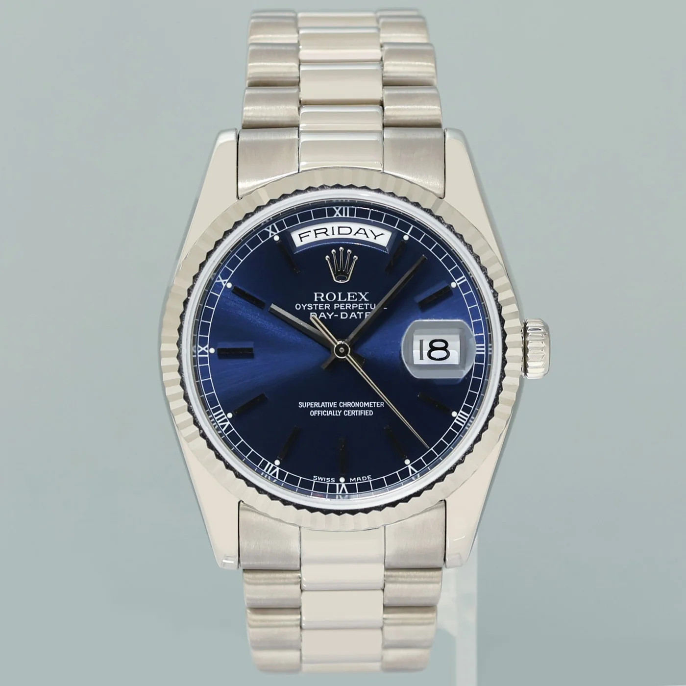 MINT Rolex President Day Date 118209 Blue Stick White Gold 36mm President Watch