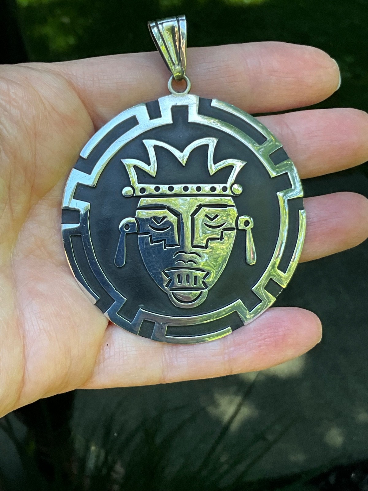 Huge Vintage Sterling Silver Aztec Mask Pendant Mexico 22.4g Handcrafted Tribal