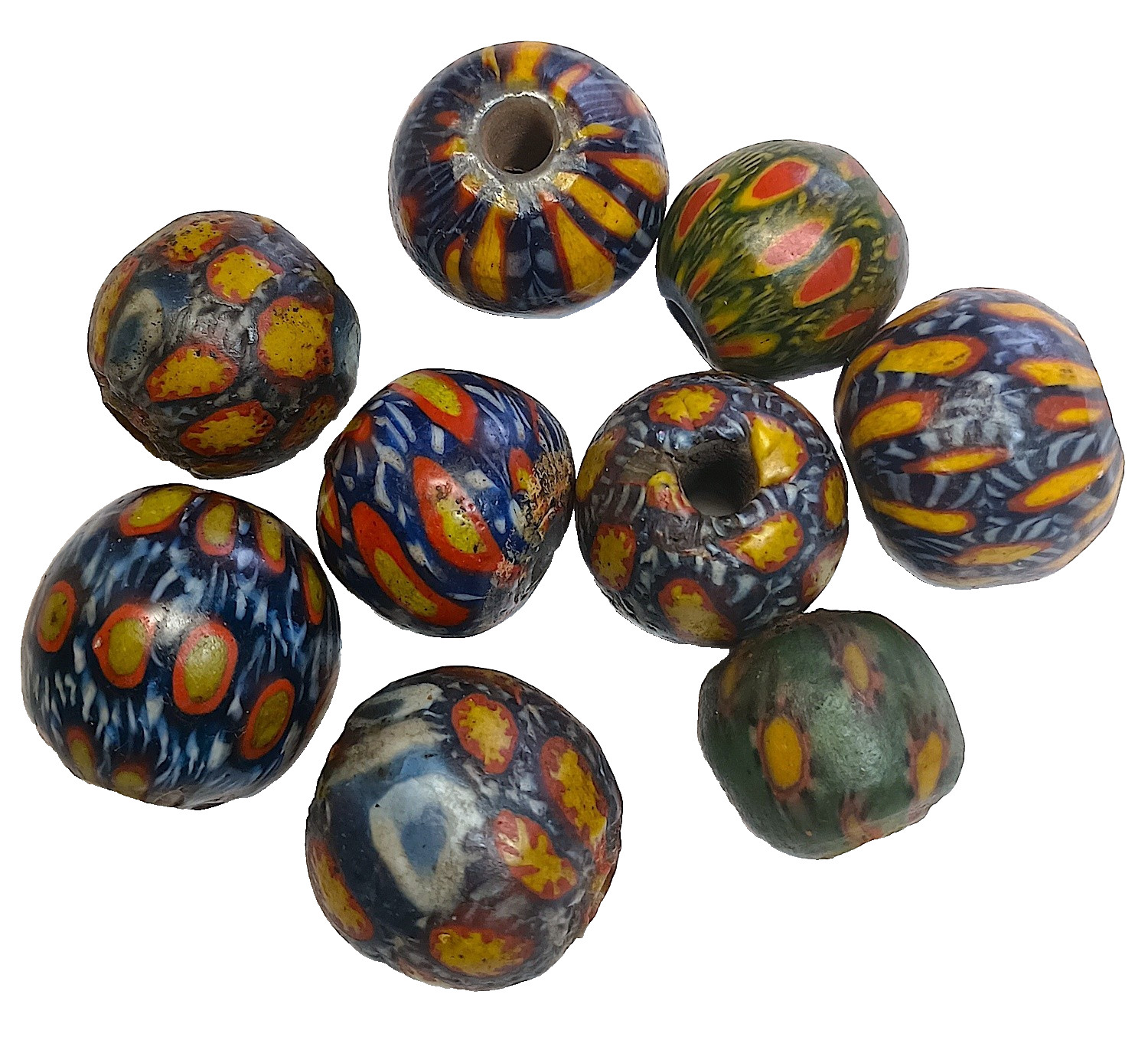 Bead, Glass, 9 Pc Lot, Old Indonesian Lamp Work, Jatim, 15-20mm, 4 mm Bead Holes