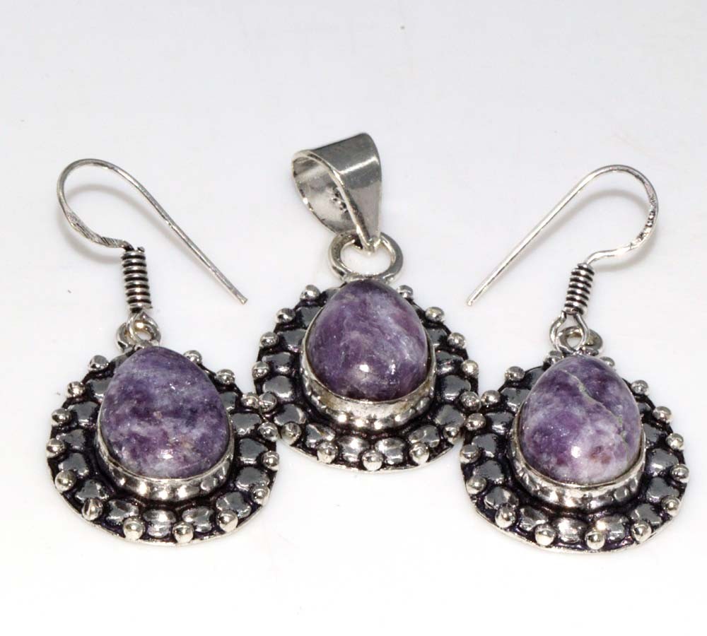 Lepidolite 925 Silver Plated Pendant Earrings Set 1.4|1.5″ Most Beautiful JW