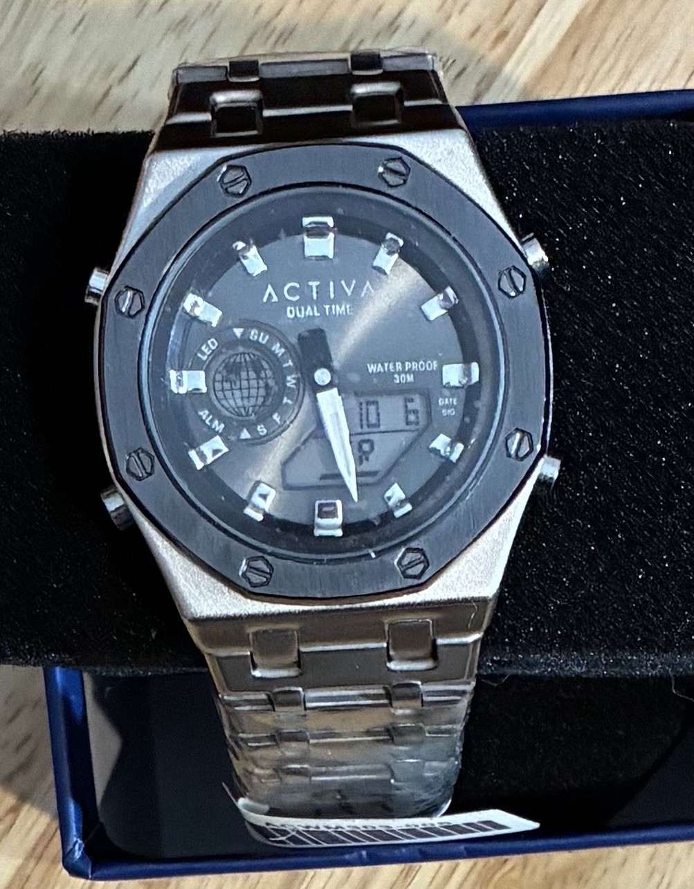 Activa Dual Time Men’s Quartz Analog/Digital Day Date 45mm 30m SS Bracelet