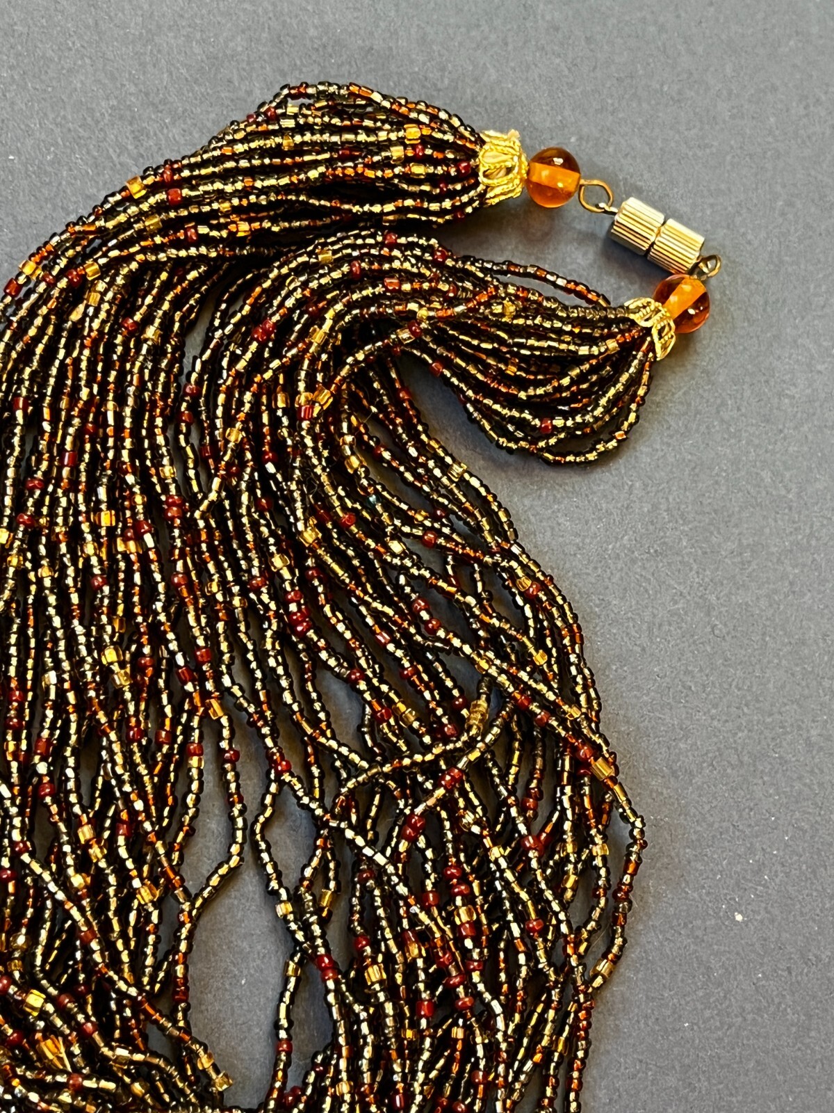Estate Multistrand Tiny Bronze & Gray Bead Necklace – 15 inches long x 0.75 inch
