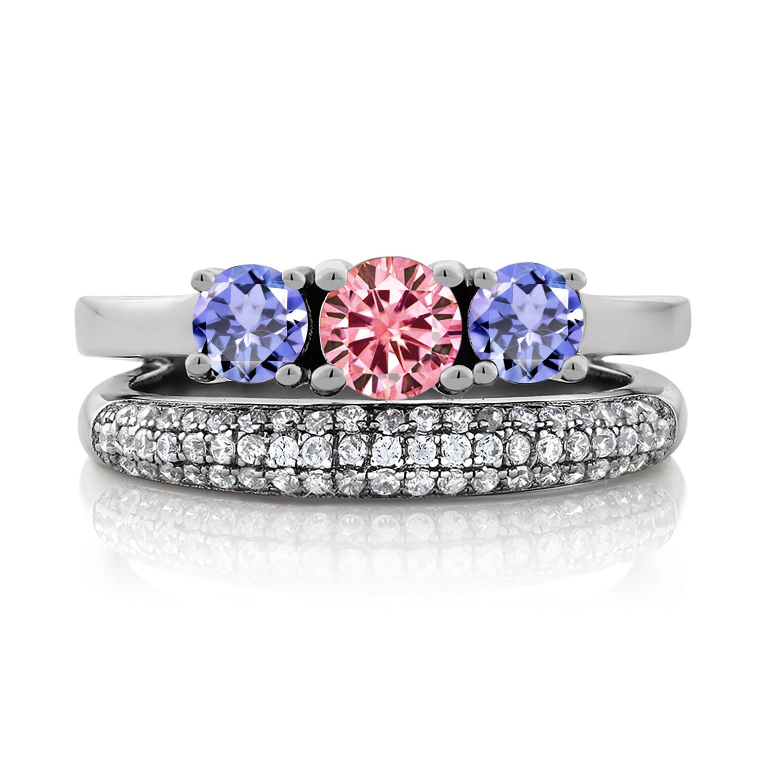 925 Sterling Silver Ring Round Pink Moissanite Tanzanite Blue 0.50ct DEW