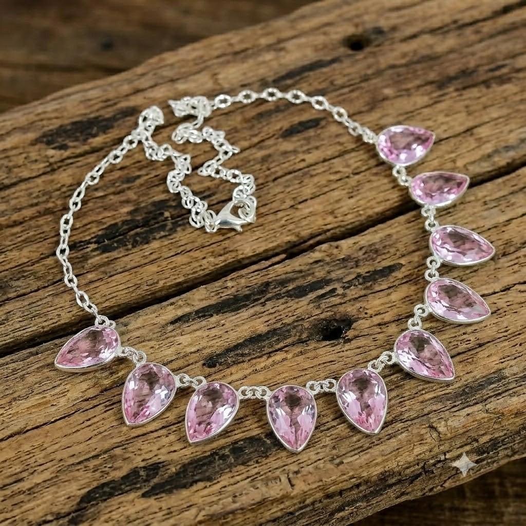 Pink Topaz Gemstone 925 Sterling Silver Jewelry Necklace Size-17-18″