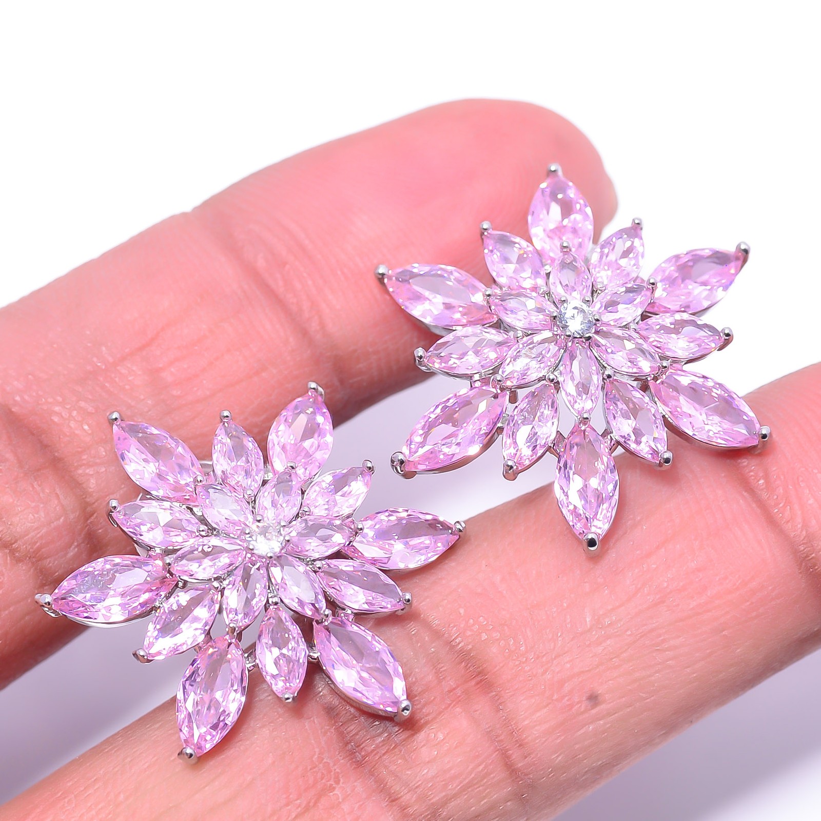 Pink Sapphire – Simulated & CZ 925 Sterling Silver Flower Earring 0.98″ E14