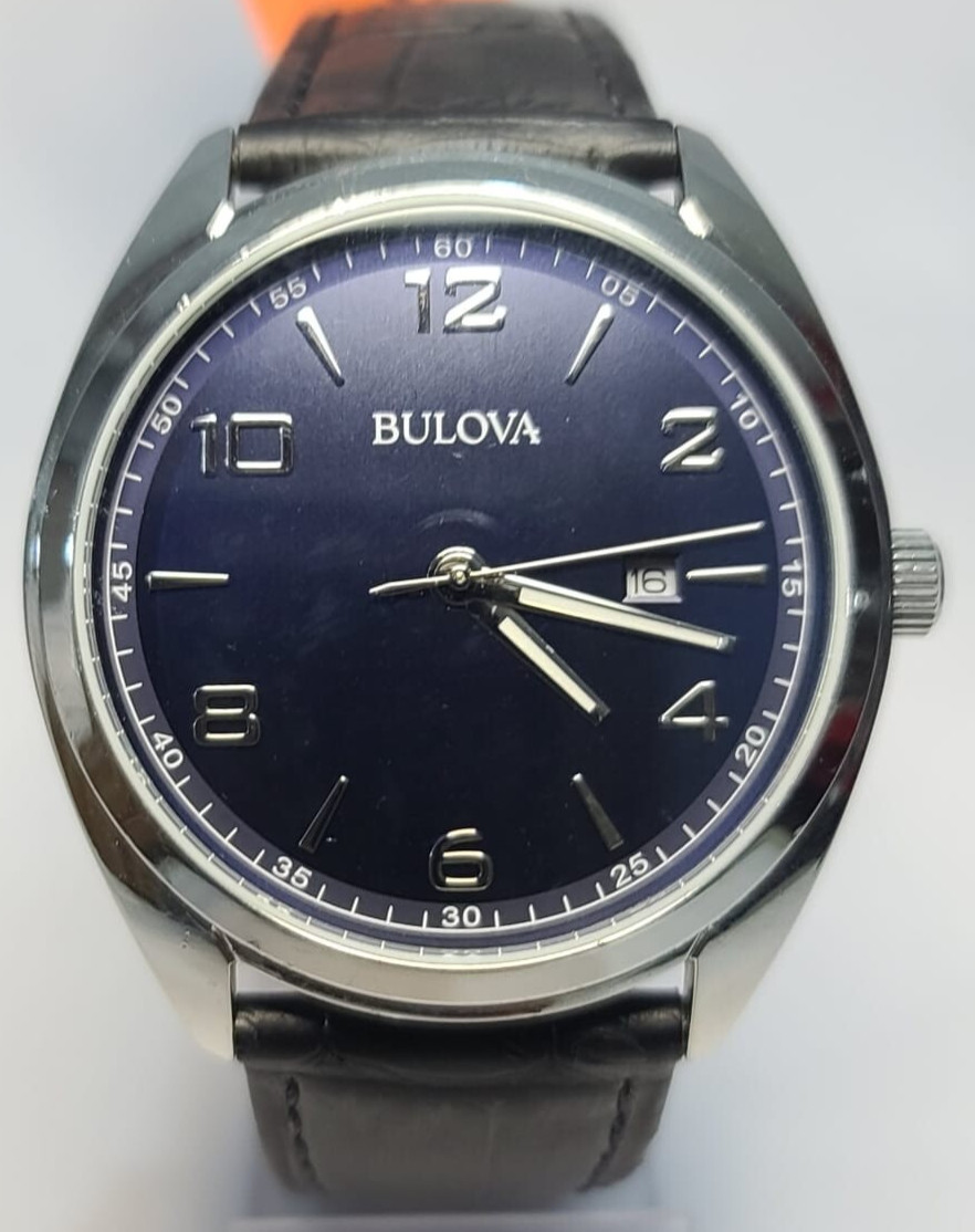 96B351 BULOVA MEN’S BLUE DIAL BLACK LEATHER STRAP WATCH MB5-257