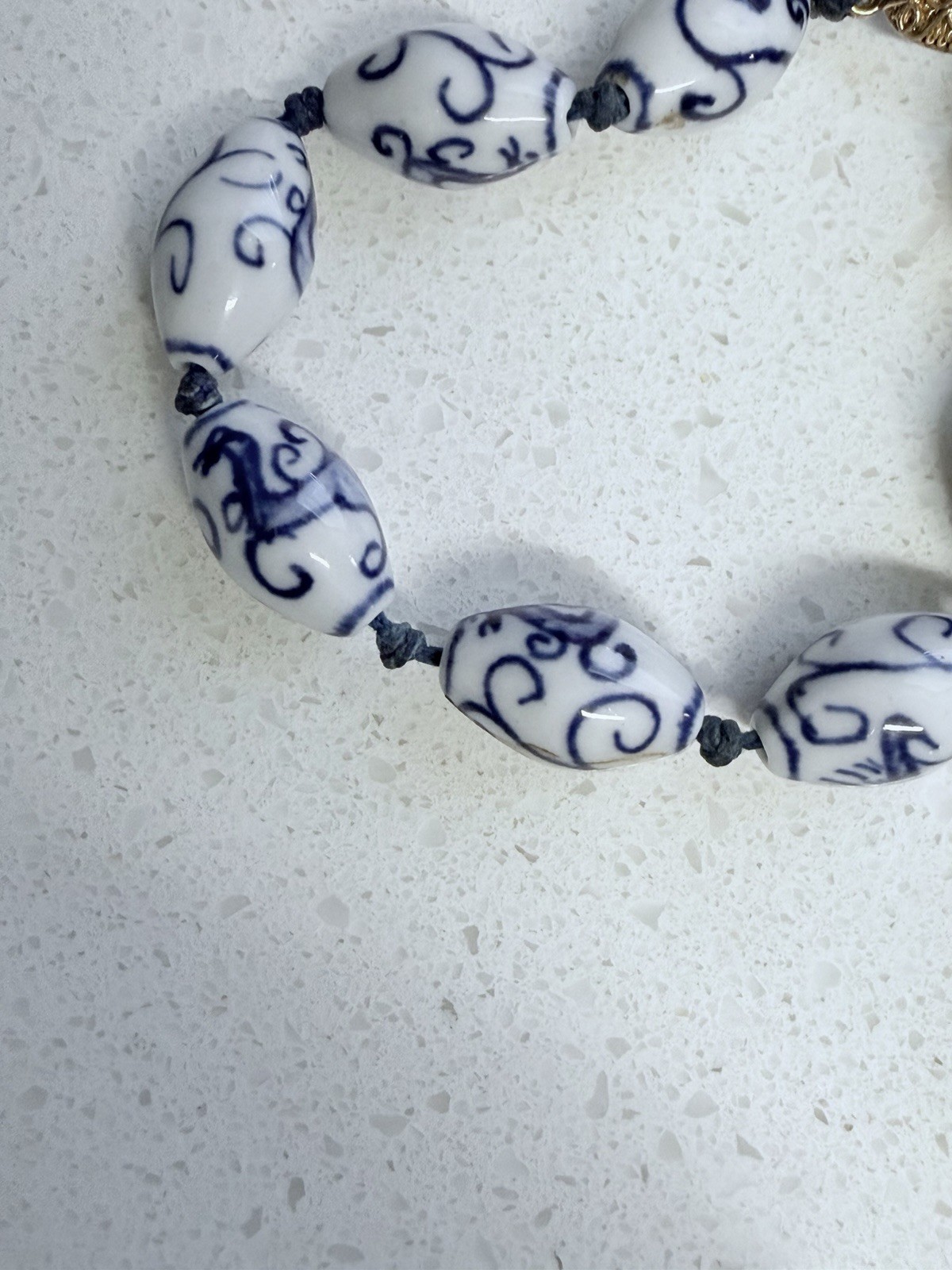 VTG Chinese Hand Knotted Blue White Painted Porcelain Lg Bead Necklace Floral