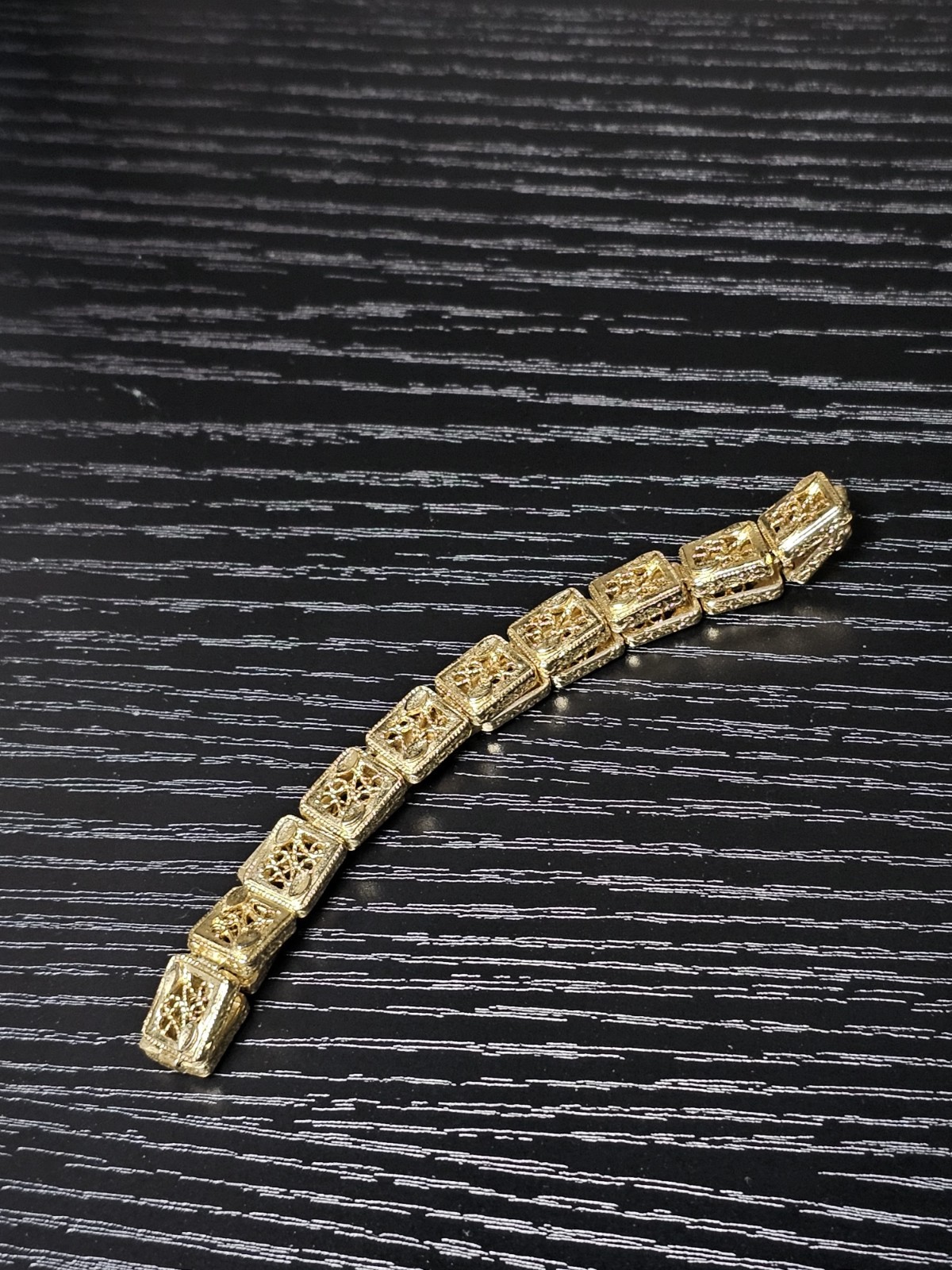 Gold Tone Filigree Square Link Bracelet Openwork Panel Fold Over Clasp