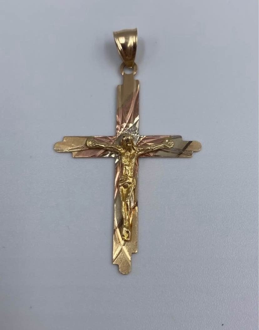 14k Solid Yellow, Rose & White Gold tri-color Crucifix Pendent 2.92g