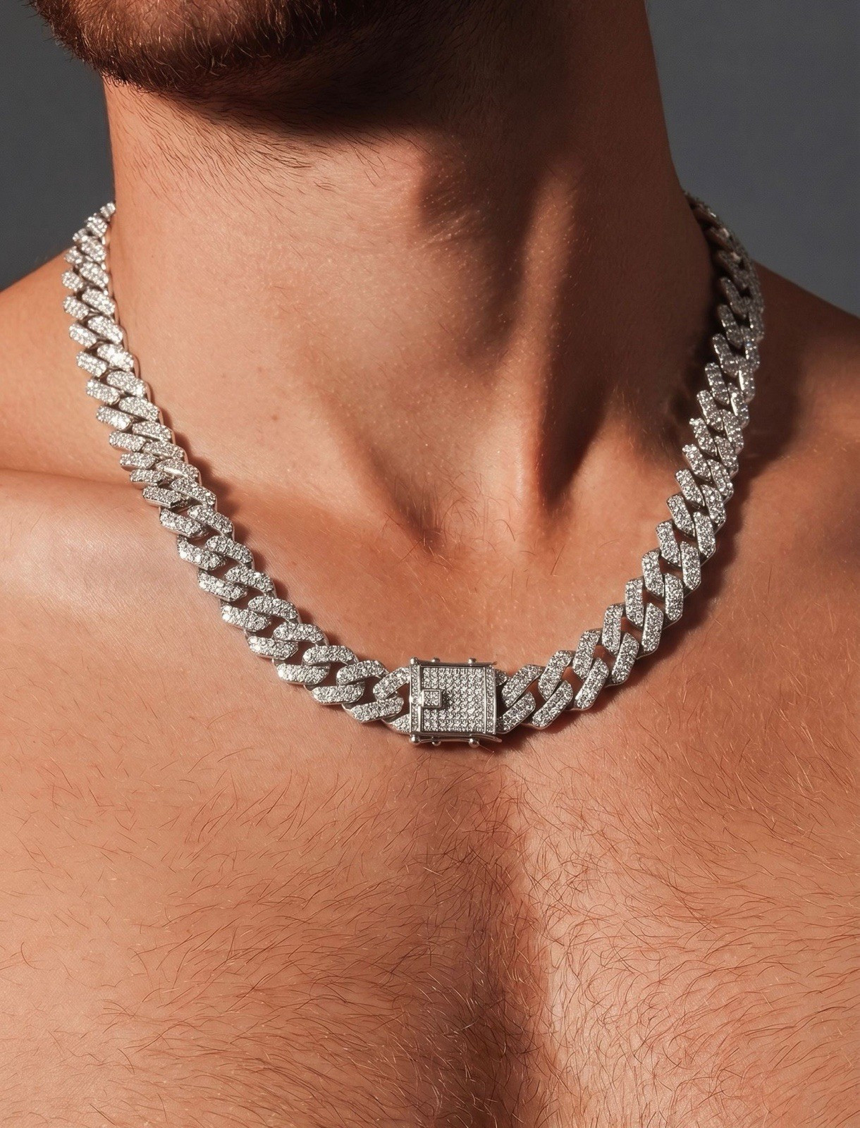 J28-Silver Cuban Link Necklace & Bracelet Set w/ Clear CZ – 20in Necklace 8in