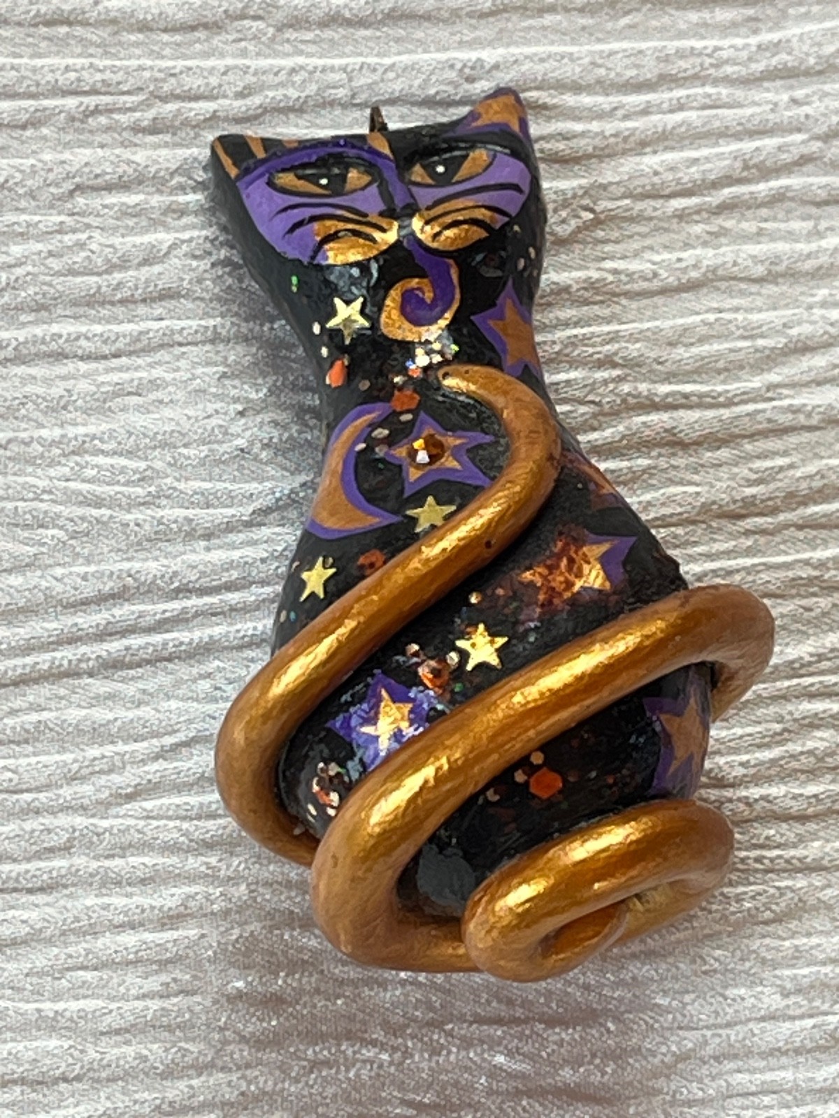 Large Black w Purple & Gilt Celestial Painted Wood or Resin Kitty Cat Pendant –