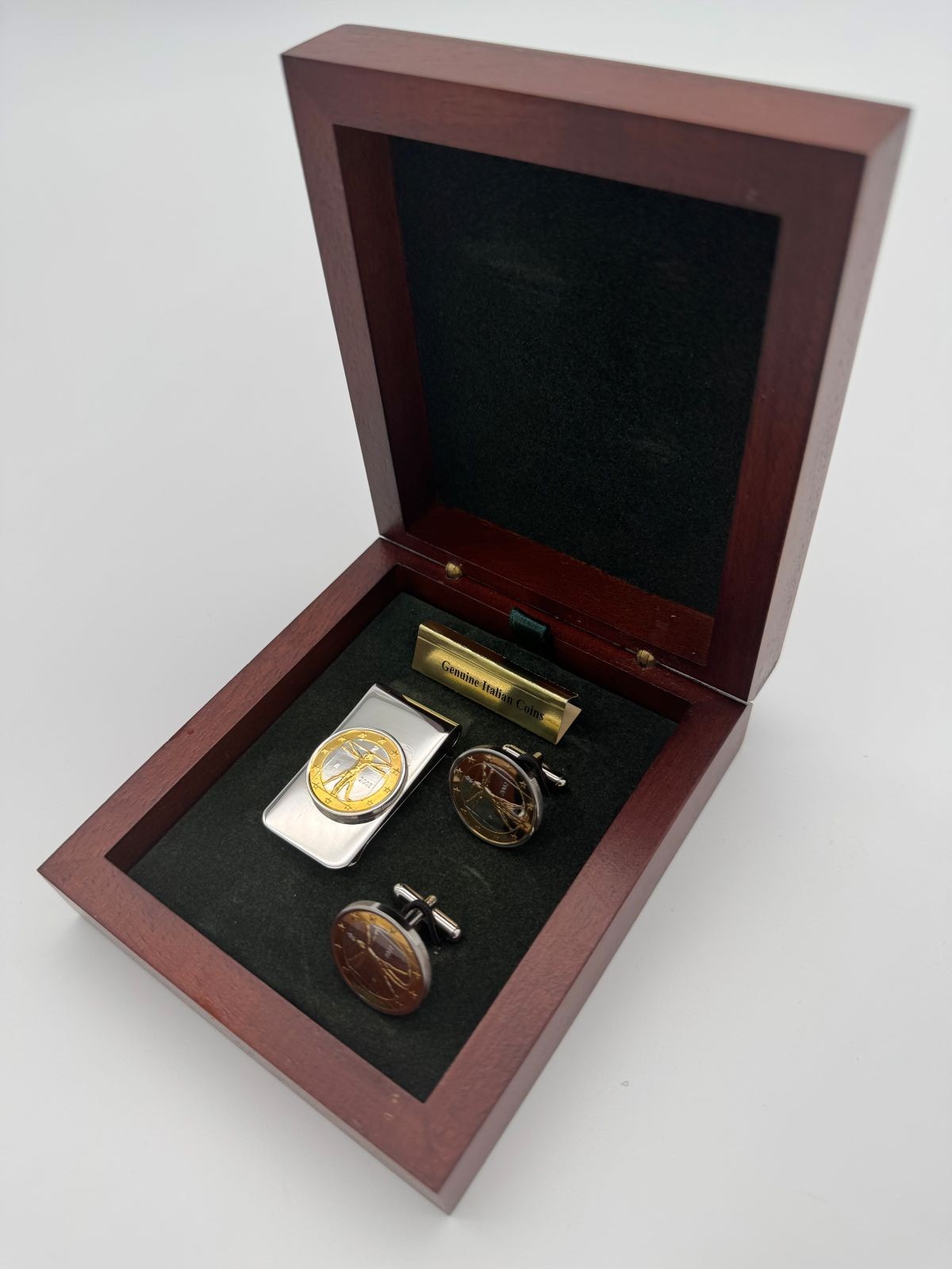 Italian Cufflinks and Money Clip Set Davinci Vitruvian Man Gold and Silver coins