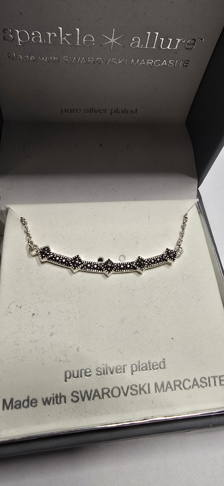 Sparkle Allure Swarovski Marcasite Silver Plated Geometric Bar Necklace w/ Box