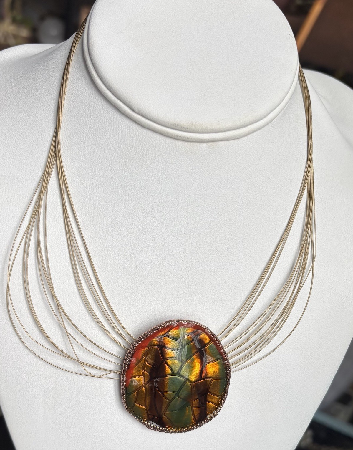 Enamel Pendant Multi Color Multi Strand Coated Wire Choker Necklace 19” Boho