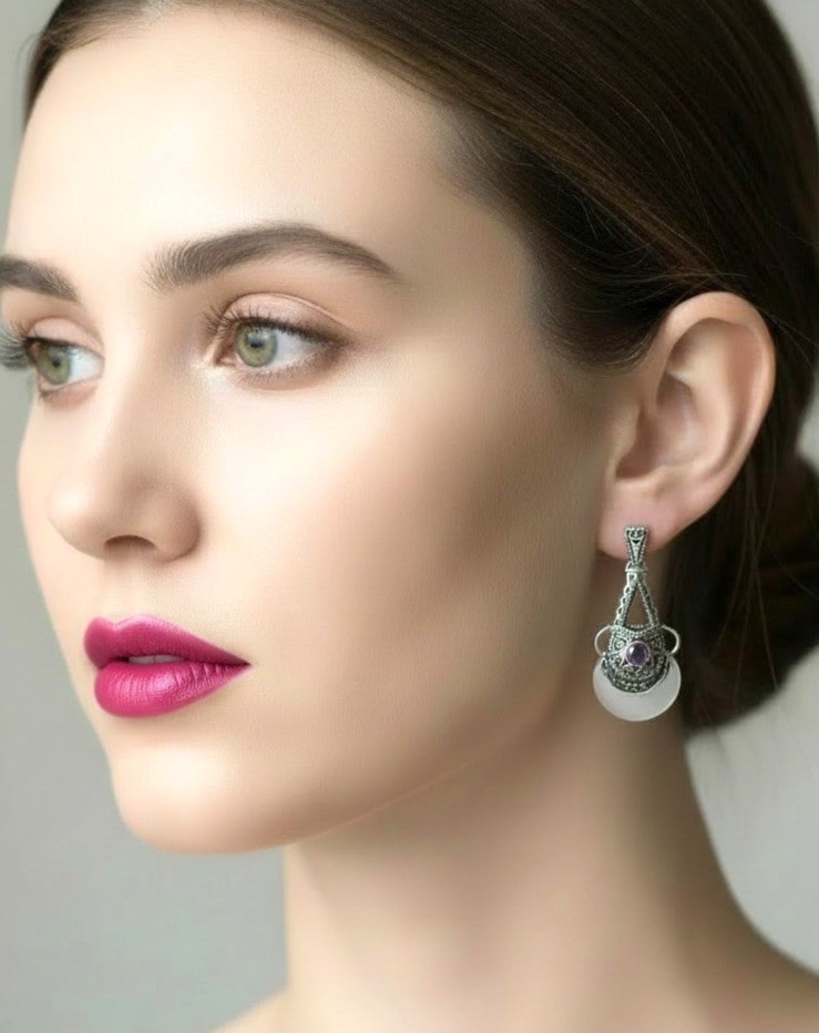 Sajen 925 Sterling Silver Amethyst and Agate Deco Inspired Pierced Earrings