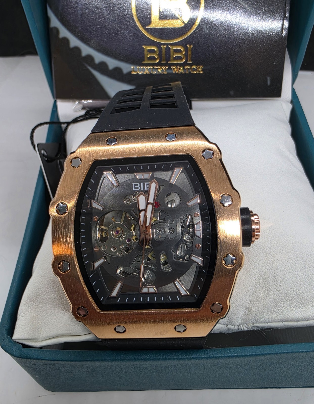 BiBi Luxury Automatic Men’s Watch Skeleton Dial Gold Bezel Black Silicone Strap
