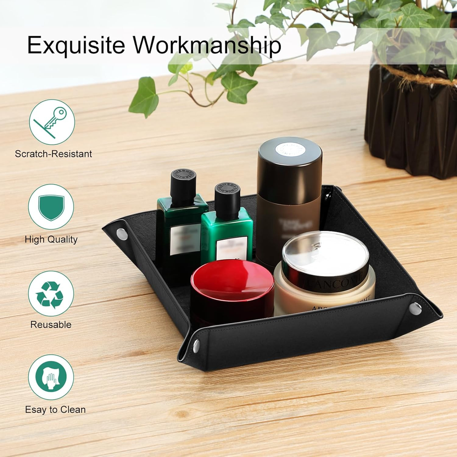 Valet Tray Desktop Storage Organizer – Multi-Use PU Leather Catchall Tray Bedsid