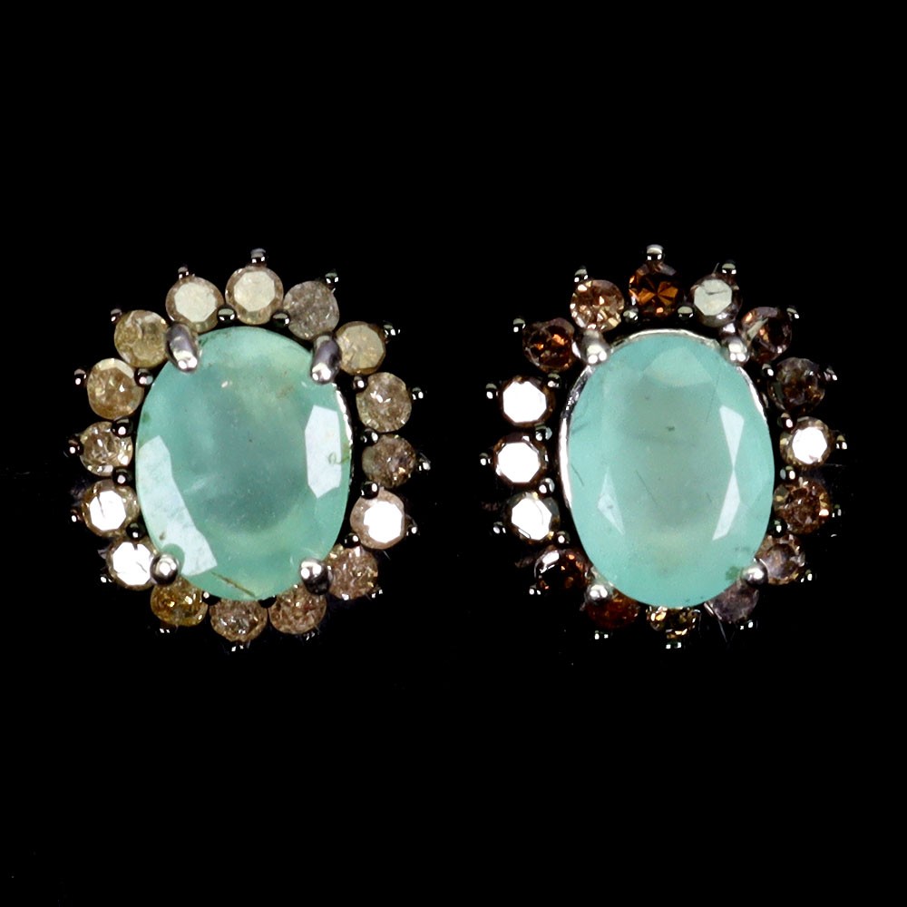 925 Sterling Silver Earrings Oval Emerald 6x5mm Diamond 32pcs Gemstone Jewelry