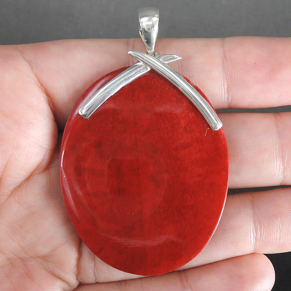 925 Sterling Silver Flat Oval Shaped Red Coral & Resin Pendant Jewelry, RCP-243