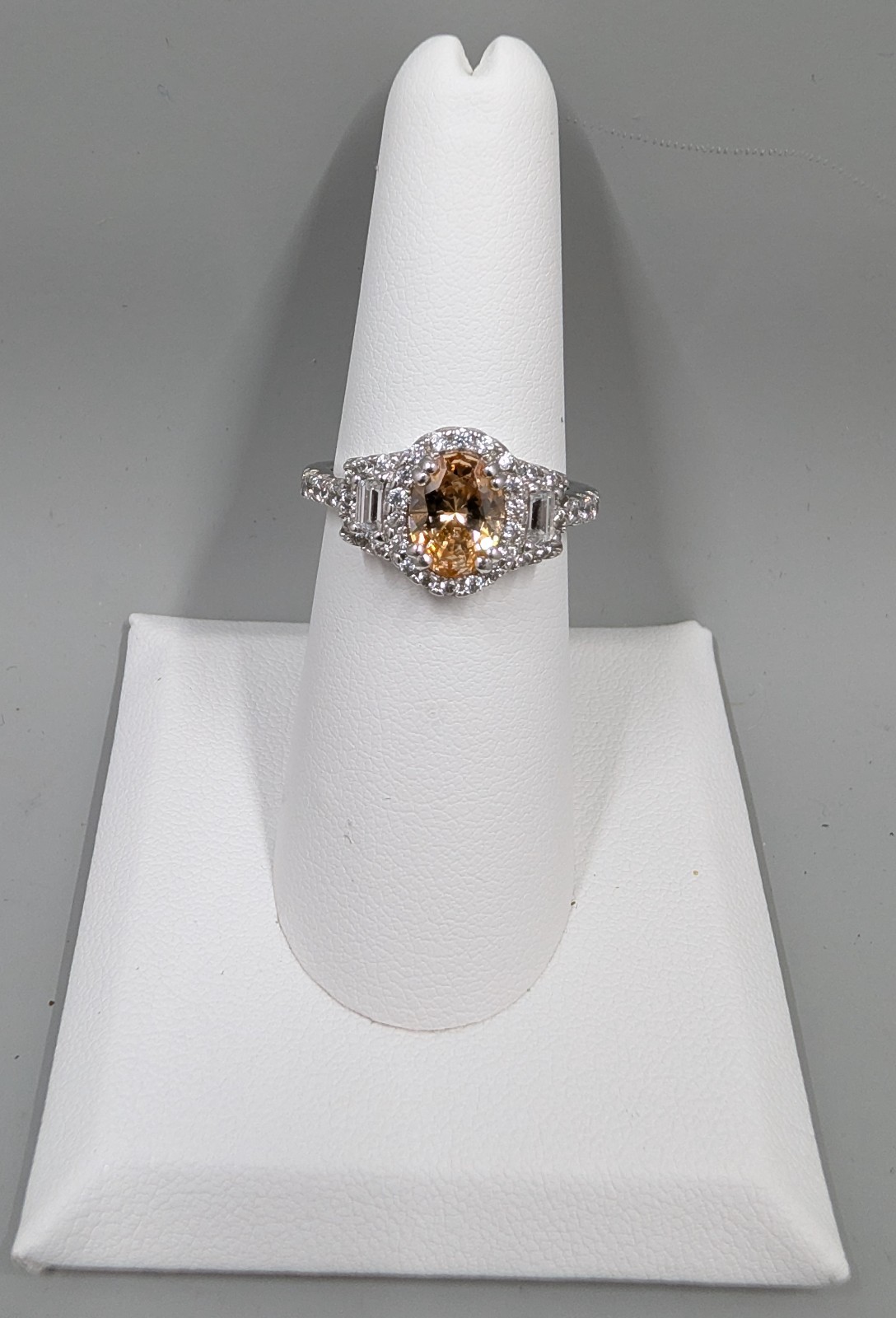 Vintage Sterling Silver 925 Oval Peach Stone Ring with CZ – Stamp BE – Size 6.5